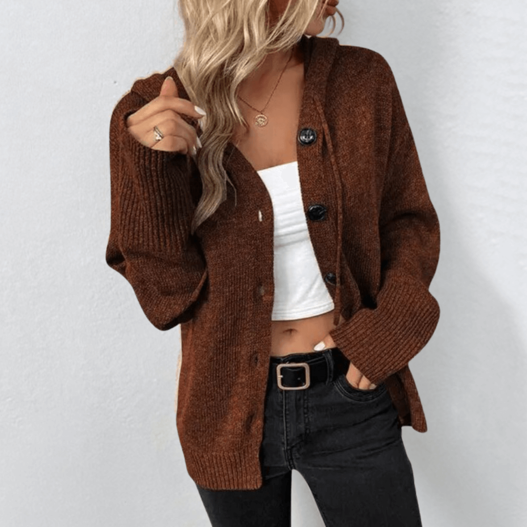 Women's Knitted Hooded Cardigan Gilet – Casual Button-Up Long Sleeve V-Neck