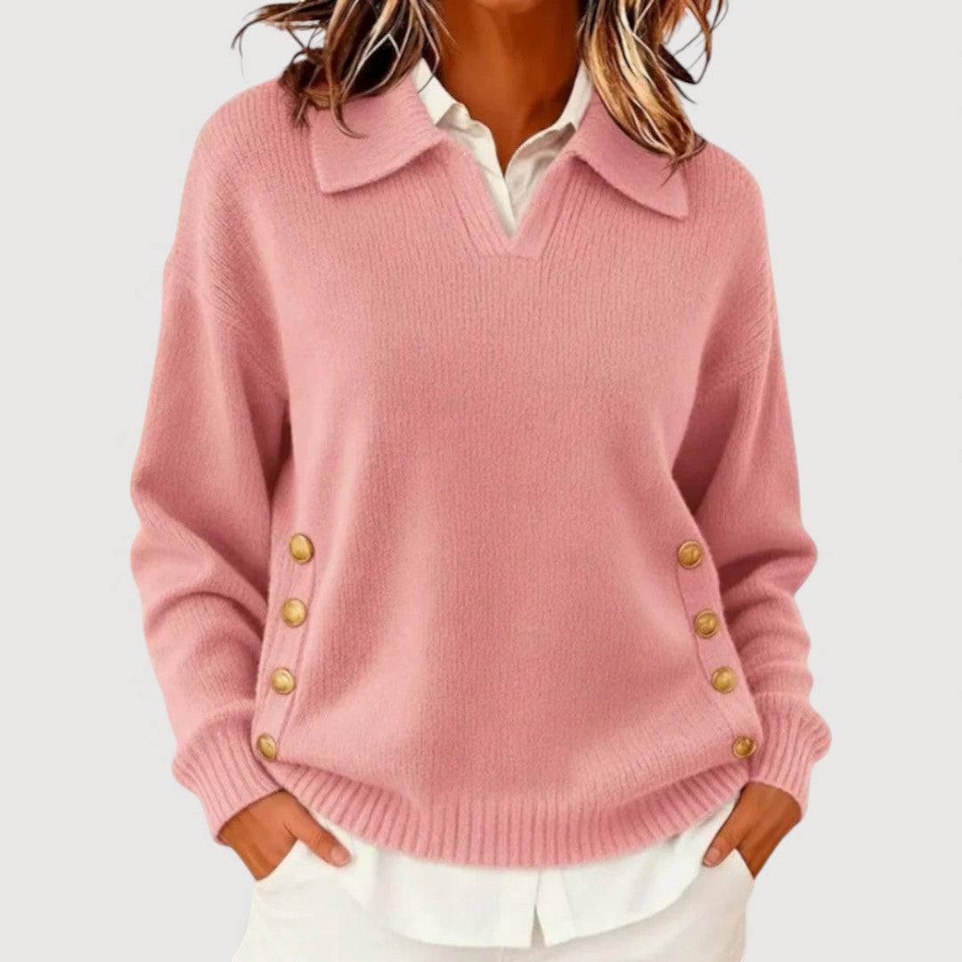 Long-Sleeved Women's Knitted Sweater – Elegant Classic Buttoned Collar