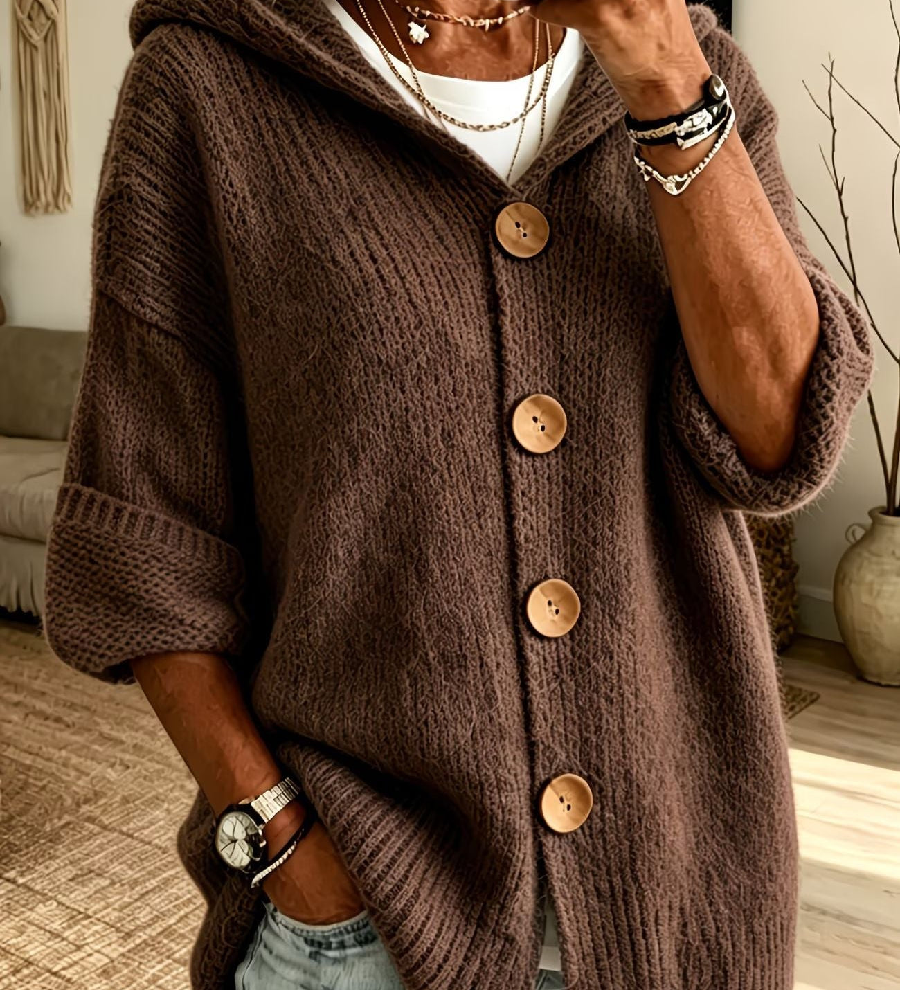 Women's Solid Colour Hooded Cardigan – Casual Long Sleeve Sweater with Buttons