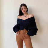 Women's wrap V-neck sweater with open shoulders - Soft and modern