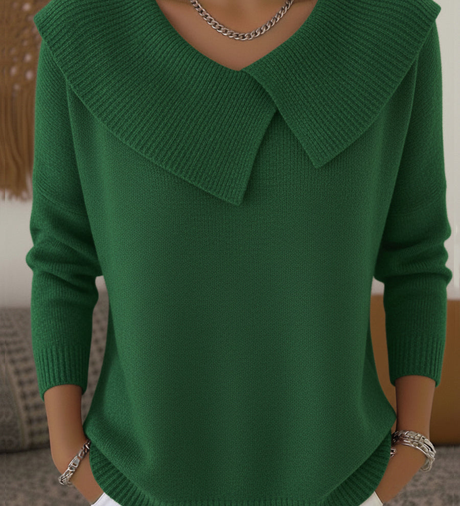 Ribbed Collar Knitted Sweater for Women – Elegant Long Sleeve Sweater