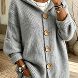 Women's Solid Colour Hooded Cardigan – Casual Long Sleeve Sweater with Buttons