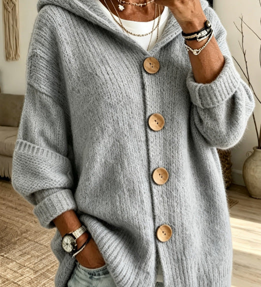 Women's Solid Hooded Cardigan – Casual Everyday Design in Long-Sleeved Knit with Buttons
