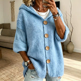 Women's Solid Colour Hooded Cardigan – Casual Long Sleeve Sweater with Buttons