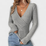Women's V-Neck Twist Pullover – Ribbed Knit with Long Surplice Sleeves