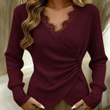 Elegant Fine Knit Top with V-Neck for Women – Asymmetrical Knot Blouse with Lace Trim