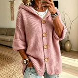 Women's Solid Colour Hooded Cardigan – Casual Long Sleeve Sweater with Buttons