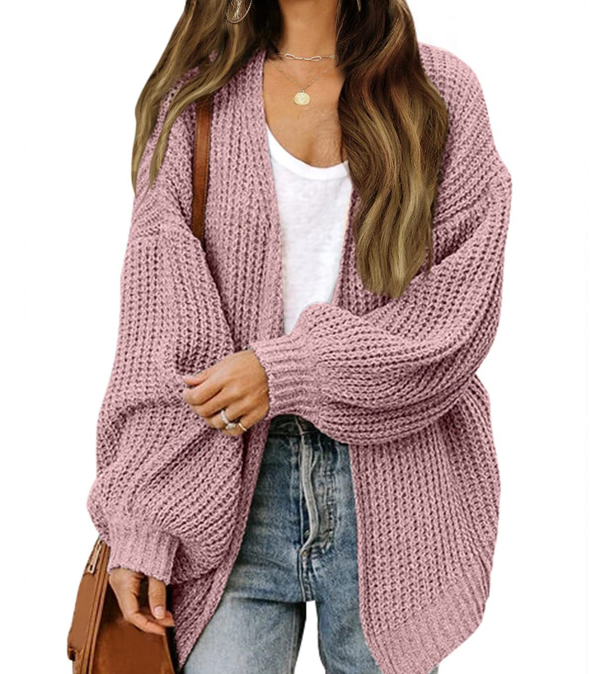 Women's chunky knit coatigan – Comfortable oversized style with lantern sleeves