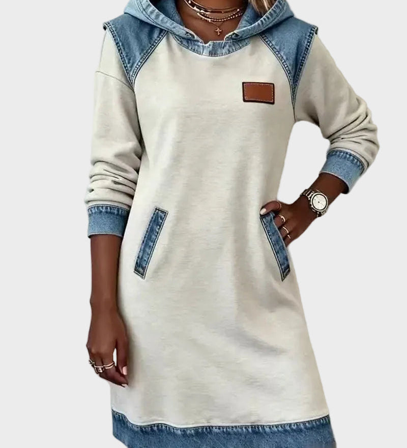 Irena - Hooded Sweat Dress with Denim Effect