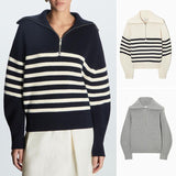 Women's Striped Half-Zip Sweater – Long Sleeves, Casual and Comfortable Style for Autumn and Winter