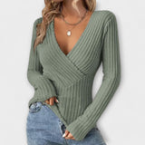 Women's V-Neck Twist Pullover – Ribbed Knit with Long Surplice Sleeves