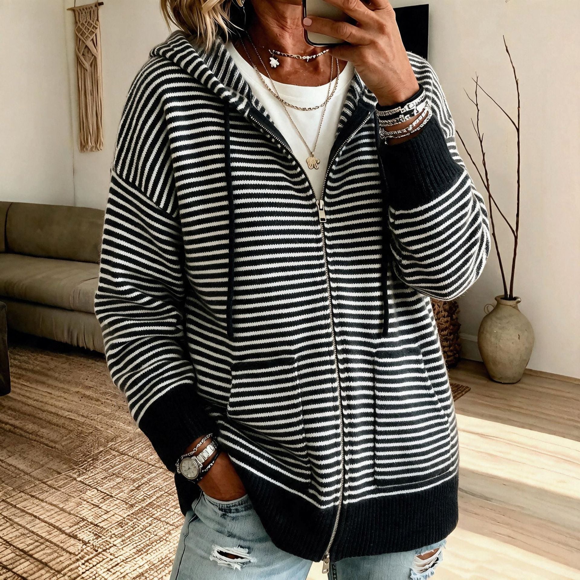 Women's striped cardigan with hood - Soft and casual