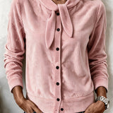 Women's button-front sweater with velvet bow - Soft and refined