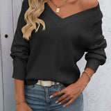 Elegant and Comfortable V-neck Sweater for Women – Knitted with Openwork Sleeves