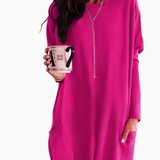 Women's Casual Cut Sweater Dress – Long Sleeves, Slightly Loose Round Neck