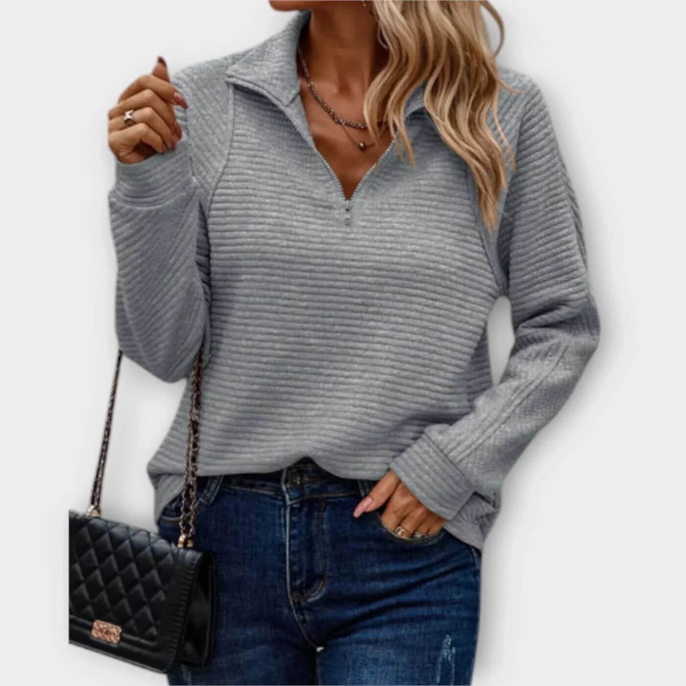 Ribbed half-zip sweater for women – Elegant V-neck knit sweater