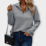 Ribbed half-zip sweater for women – Elegant V-neck knit sweater