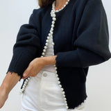 Women's Pearl-Embellished Knitted Cardigan – Elegant Long-Sleeve Cotton Blend Knitwear