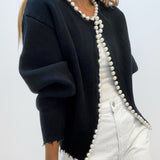 Knitted Cardigan for Women Adorned with Beads – Elegant Long-Sleeved Cotton Blend Knitwear