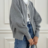 Women's Pearl-Embellished Knitted Cardigan – Elegant Long-Sleeve Cotton Blend Knitwear