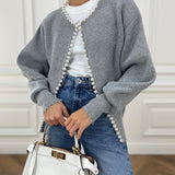 Knitted Cardigan for Women Adorned with Beads – Elegant Long-Sleeved Cotton Blend Knitwear