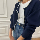 Women's Pearl-Embellished Knitted Cardigan – Elegant Long-Sleeve Cotton Blend Knitwear