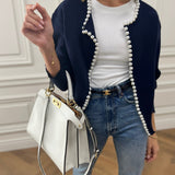 Women's Pearl-Embellished Knitted Cardigan – Elegant Long-Sleeve Cotton Blend Knitwear