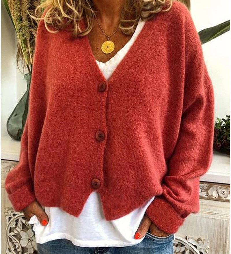 Women's Knitted Buttoned Cardigan with Soft Elegant V-Neck