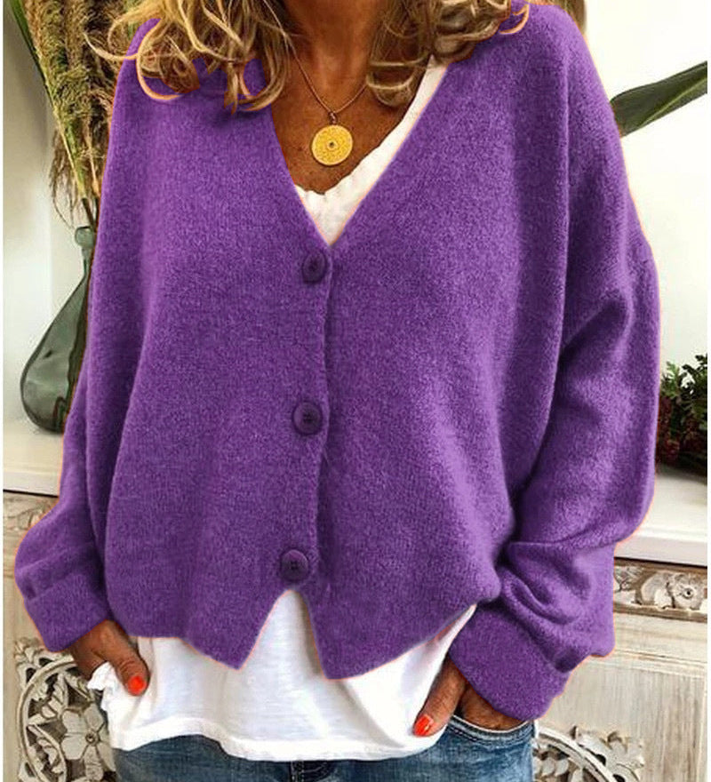 Women's Knitted Cardigan with Buttons, V-Neck, Soft and Elegant