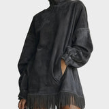 Suede Dress with Roll Neck and Fringes