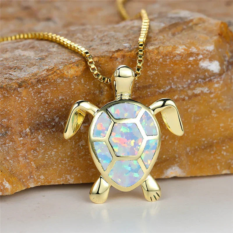 Vintage Green Fire Opal Turtle Pendant in Gold