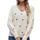 Elegant V-neck sweater with heart pattern for women – Casual fit knitwear