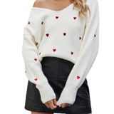 Elegant V-neck sweater with heart pattern for women – Casual fit knitwear