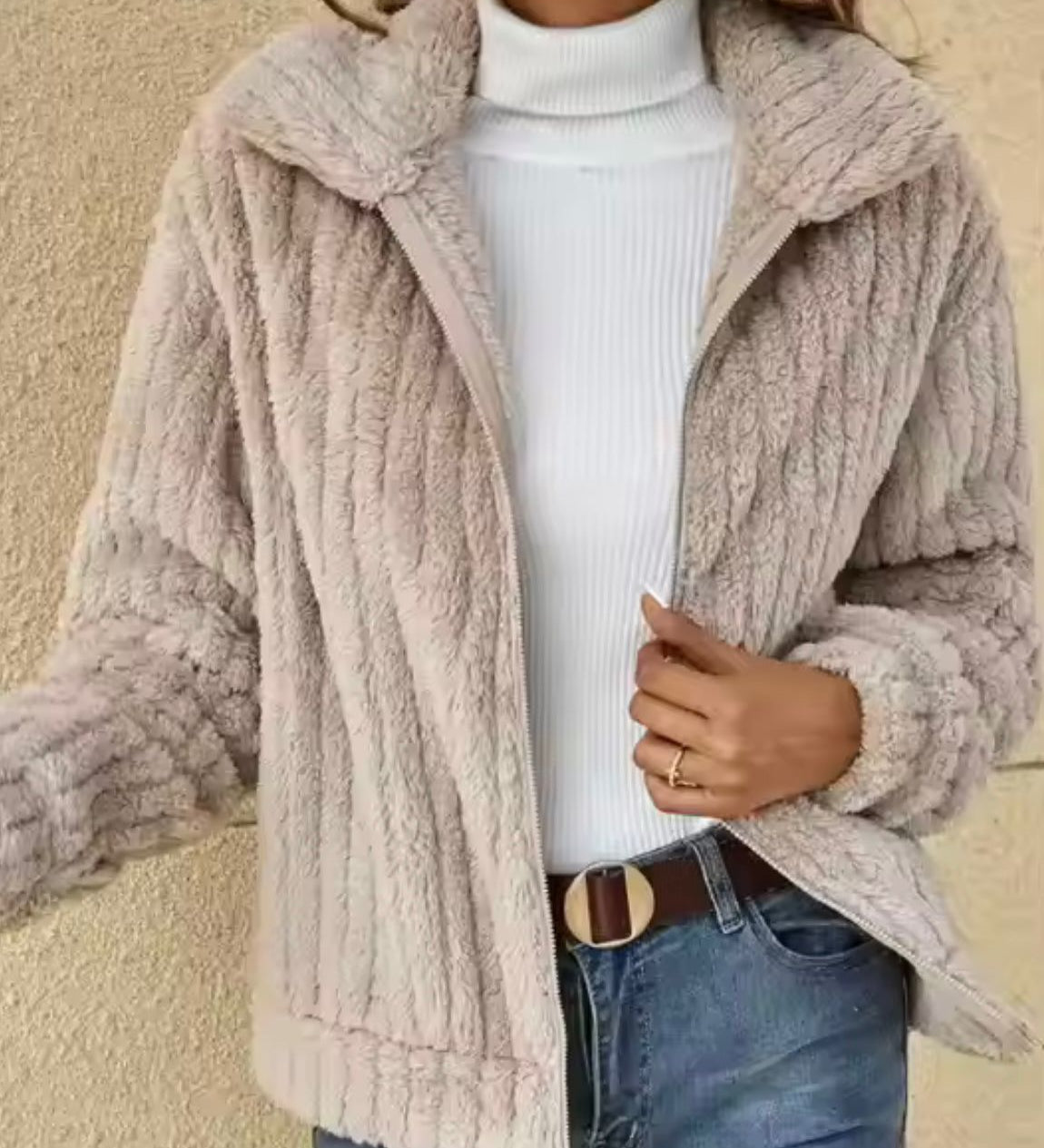 Women's Winter Zip-Up Cardigan with Long Ribbed Fleece Sleeves