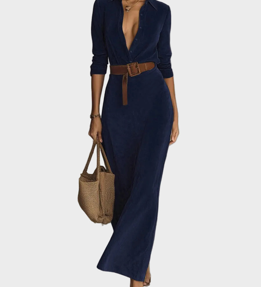 Maxi suede dress with single button and collar