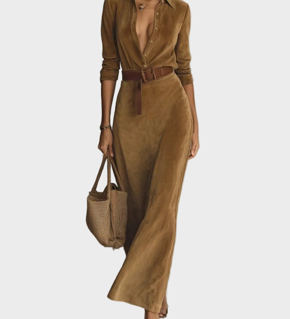 Maxi suede dress with single button and collar