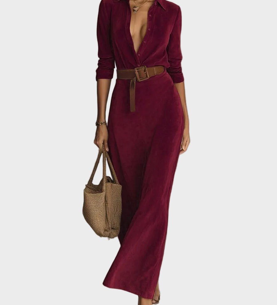 Maxi suede dress with single button and collar
