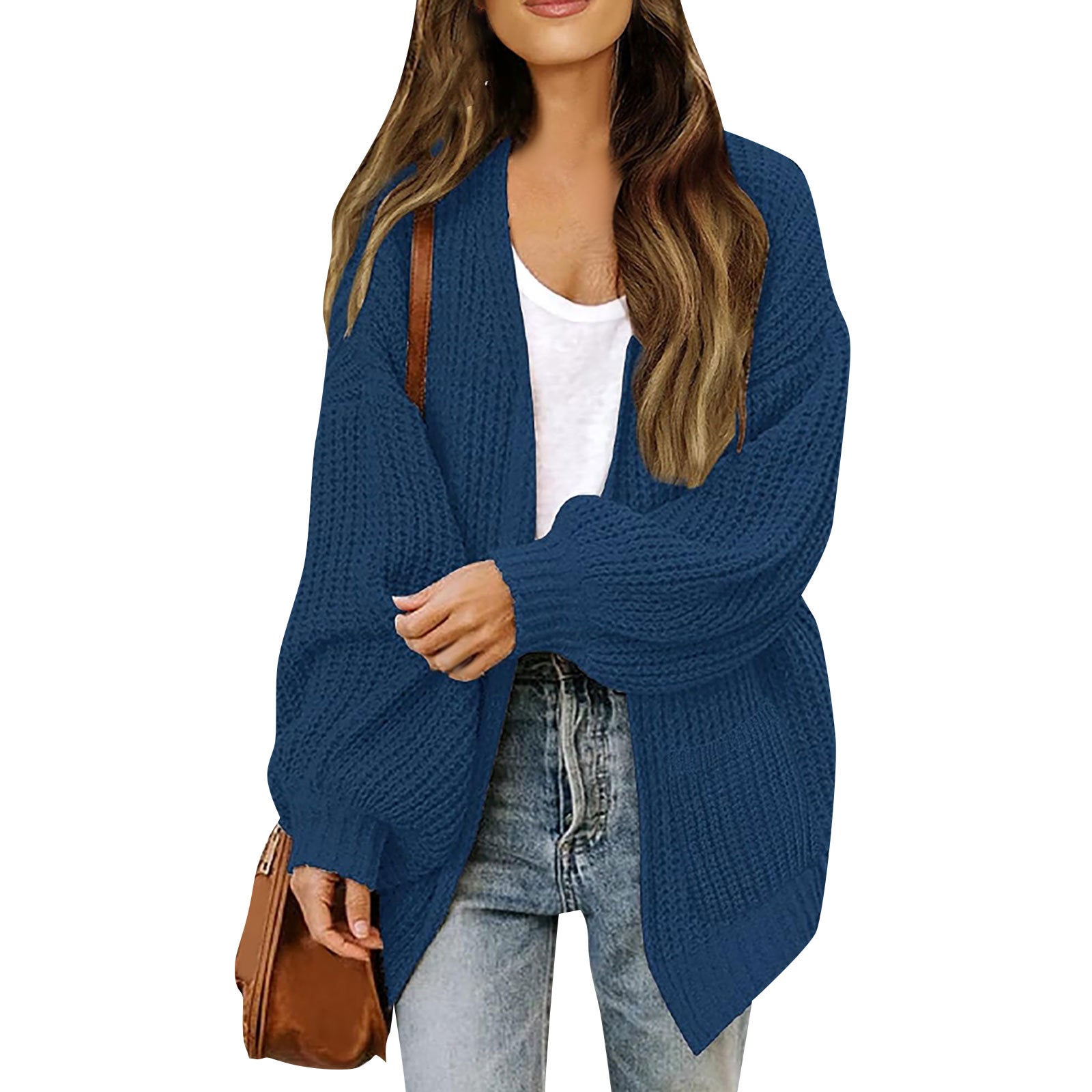 Women's Chunky Knit Cardigan – Oversized Wrap Style with Lantern Sleeves