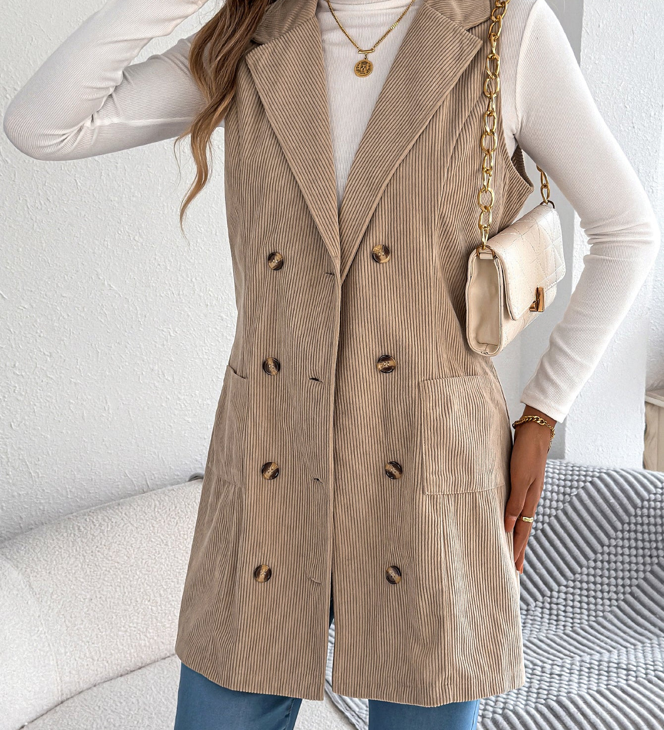 Women's Long Solid Colour Corduroy Gilet Jacket – Casual Double-Breasted Design with Pockets, Ideal for Layered Looks