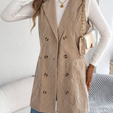 Women's Long Solid Colour Corduroy Gilet Jacket – Casual Double-Breasted Design with Pockets, Ideal for Layered Looks
