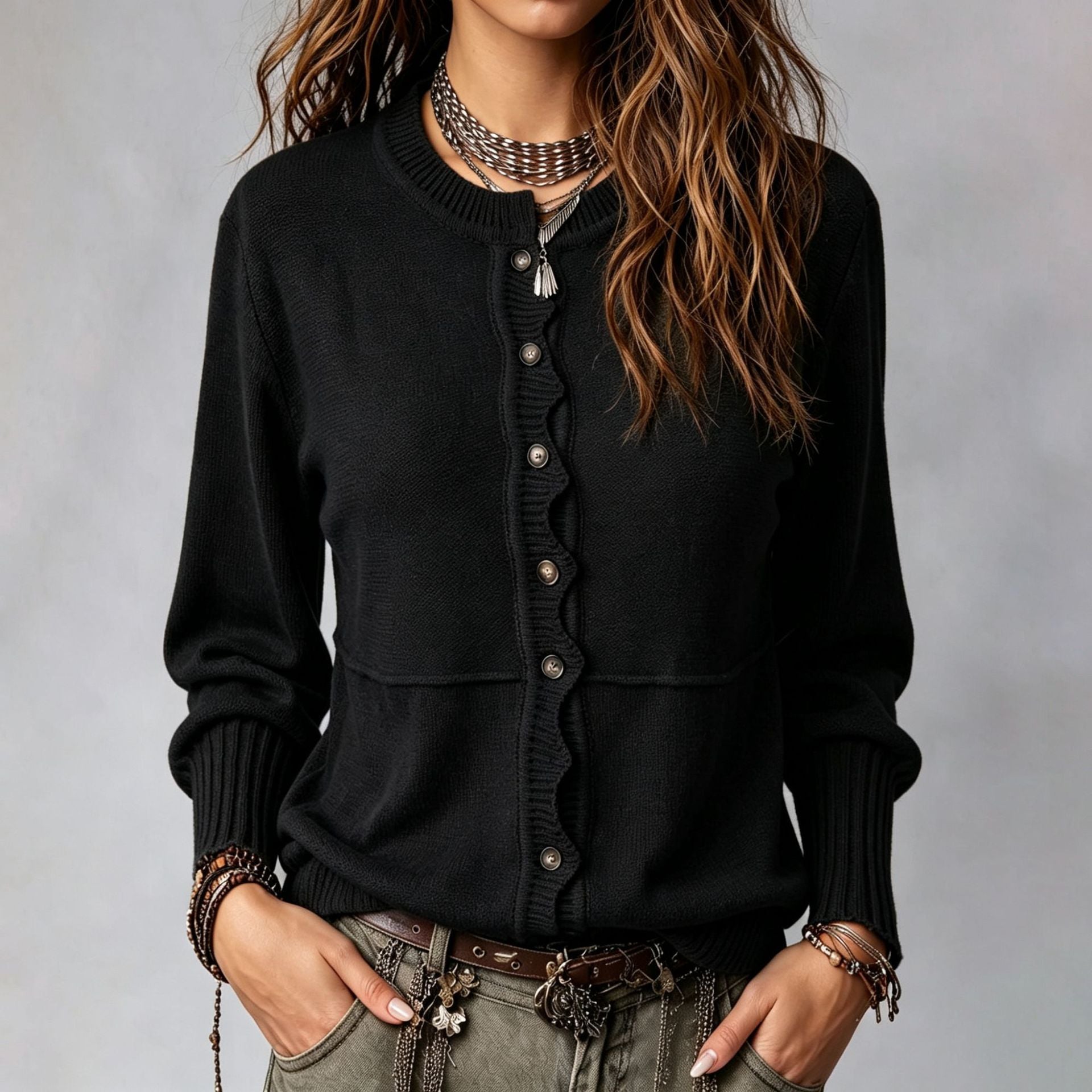 Women's Button-Up Casual Cardigan with Crew Neck – Comfortable Style for Everyday Wear