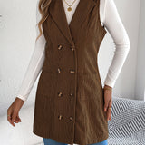 Women's Long Solid Colour Corduroy Gilet Jacket – Casual Double-Breasted Design with Pockets, Ideal for Layered Looks