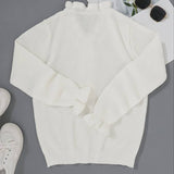 Elegant white sweater with V-neck for women – Ruffle details