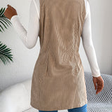 Women's Long Solid Colour Corduroy Gilet Jacket – Casual Double-Breasted Design with Pockets, Ideal for Layered Looks