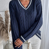 Women's Striped Cable-Knit V-Neck Sweater – Soft and Comfortable