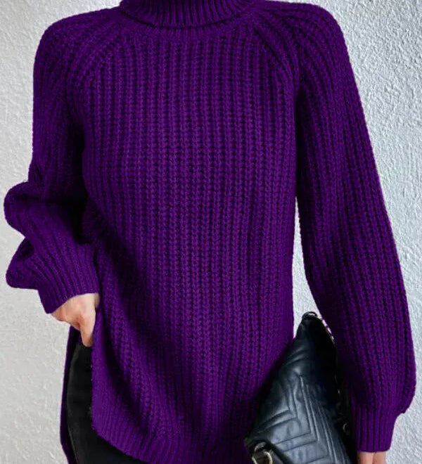 Turtleneck sweater for women with raglan sleeves and split hem