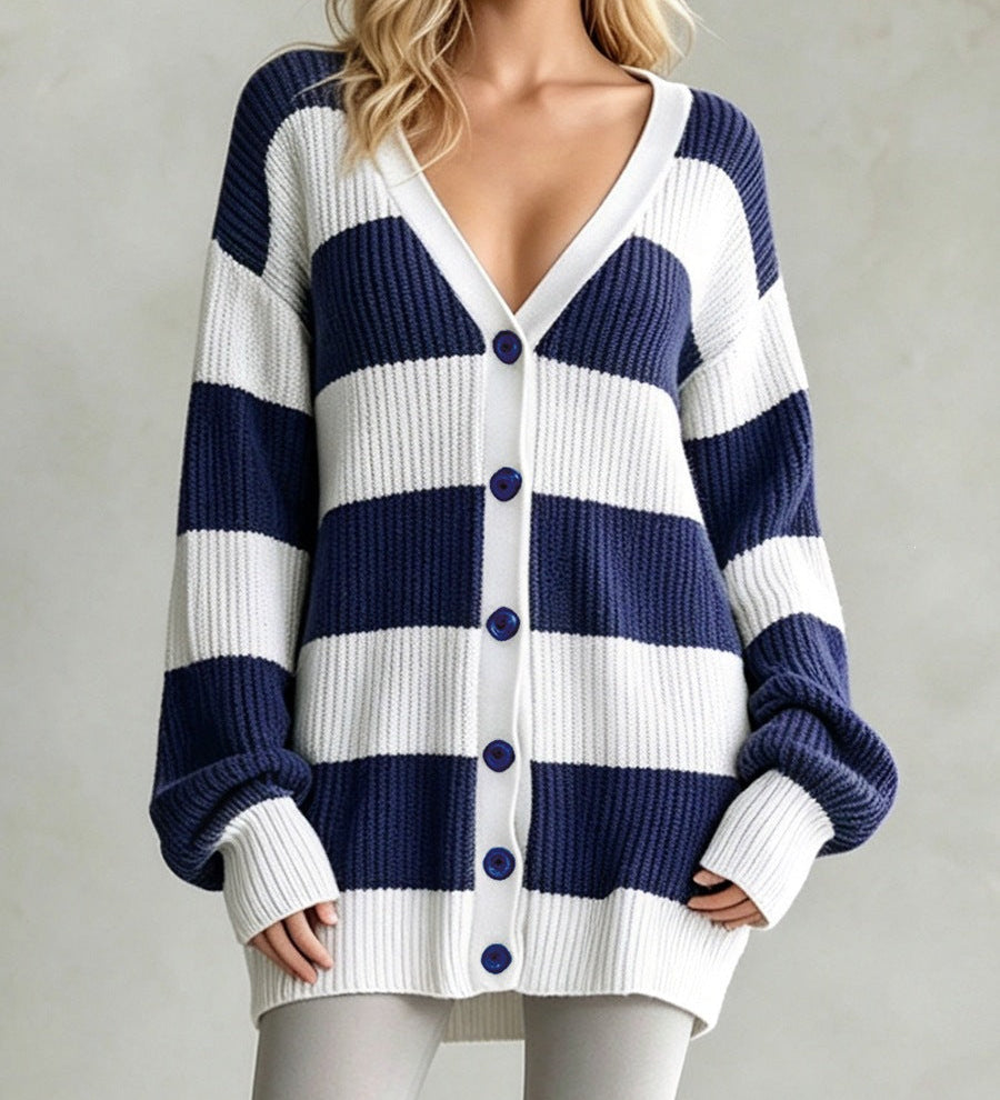 Women's striped knitted cardigan coat - Soft and comfortable