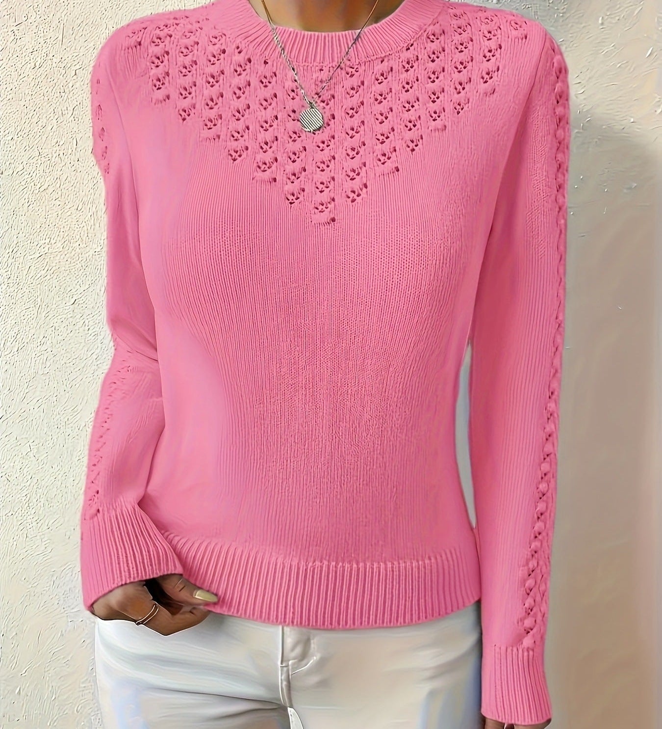 Women's openwork crew-neck sweater - Soft and elegant