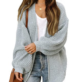 Women's Chunky Knit Cardigan – Oversized Wrap Style with Lantern Sleeves