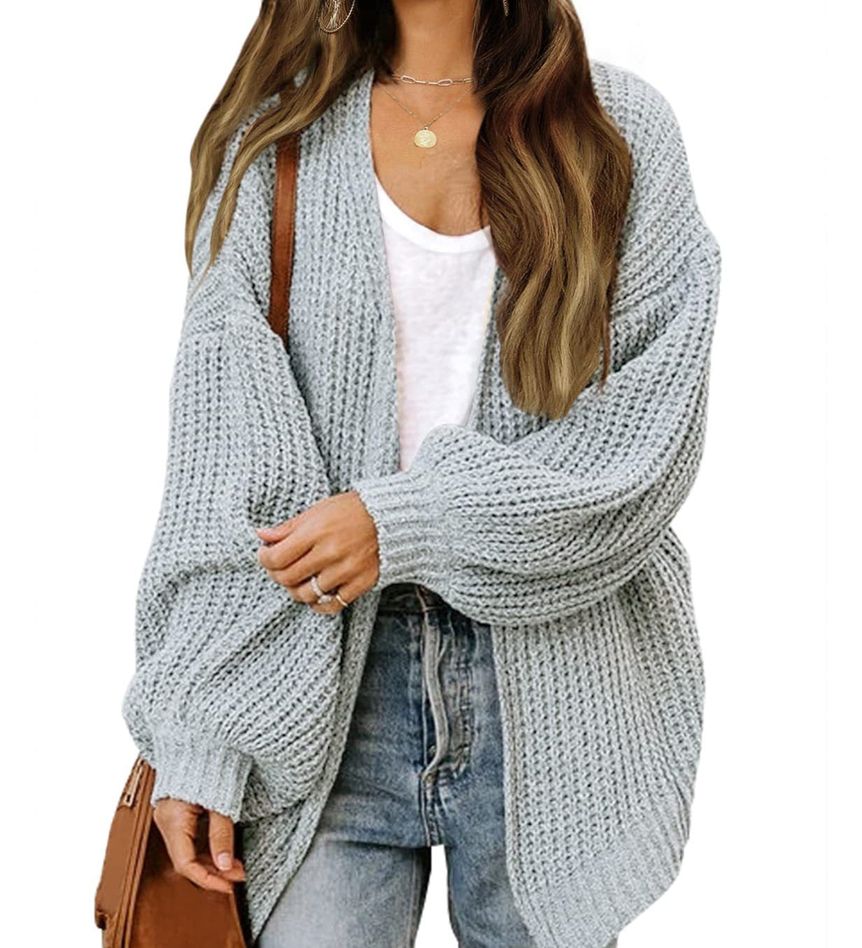 Women's chunky knit coatigan – Comfortable oversized style with lantern sleeves